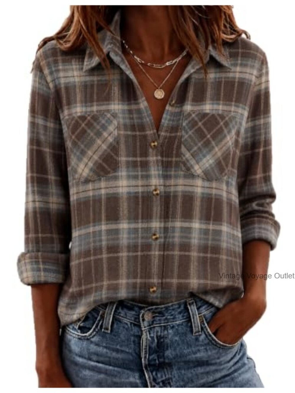 Women's Flannel Plaid Button Down Shirt Long Sleeve Loose Fit Blouse